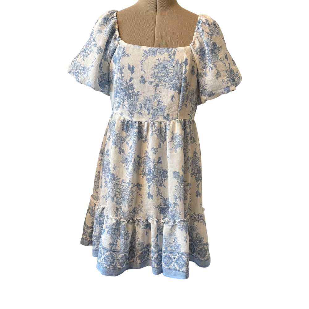 Blu Pepper Women Floral Toile Puff Sleeve Mini Dress White Blue Cottagecore M